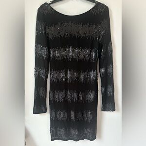 Badgley Mischka Black Sequin Jersey Long Sleeve Dress open Draped Back sz Small